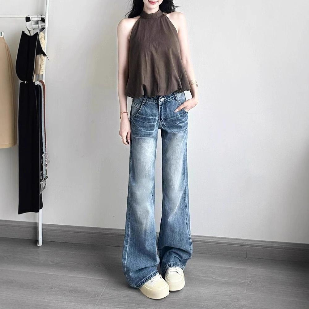 Comfortable Micro Flare Trousers Washed Blue Jeans Women's Large Yards Old Design Sense Loose Wide Leg Trousers Jeans for Women Long Denim Pants
