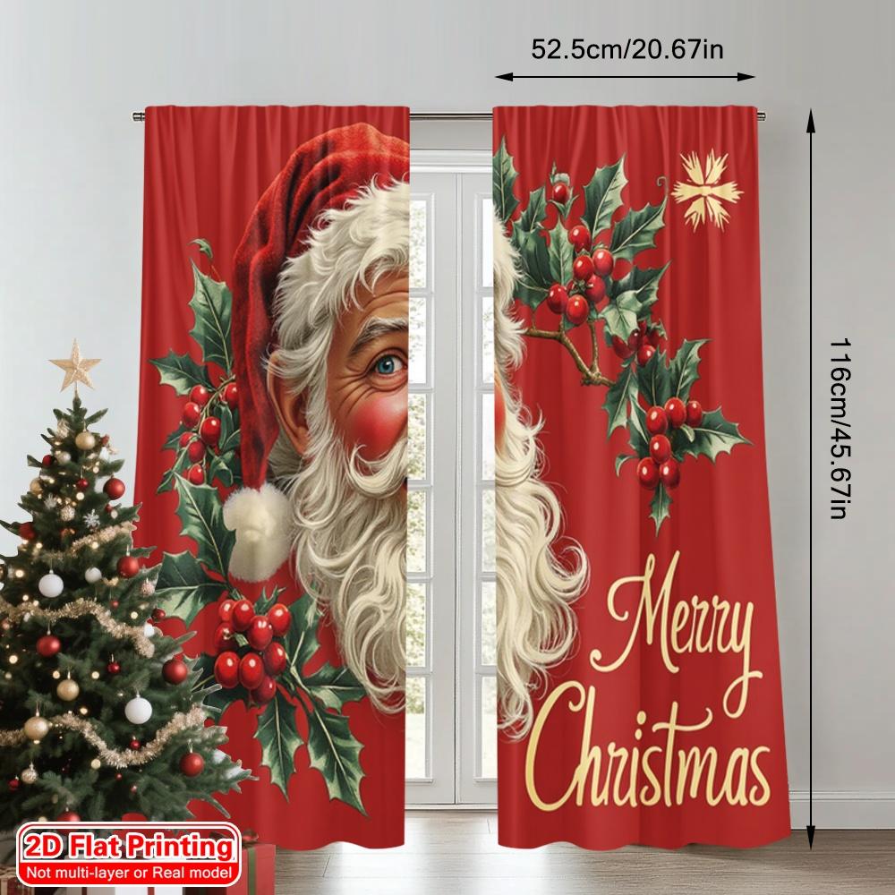 2pcs 2D Flat Printing Merry Christmas Curtains Merry Christmas Santa Claus_c Polyester Without Electricity Spring for Entryway