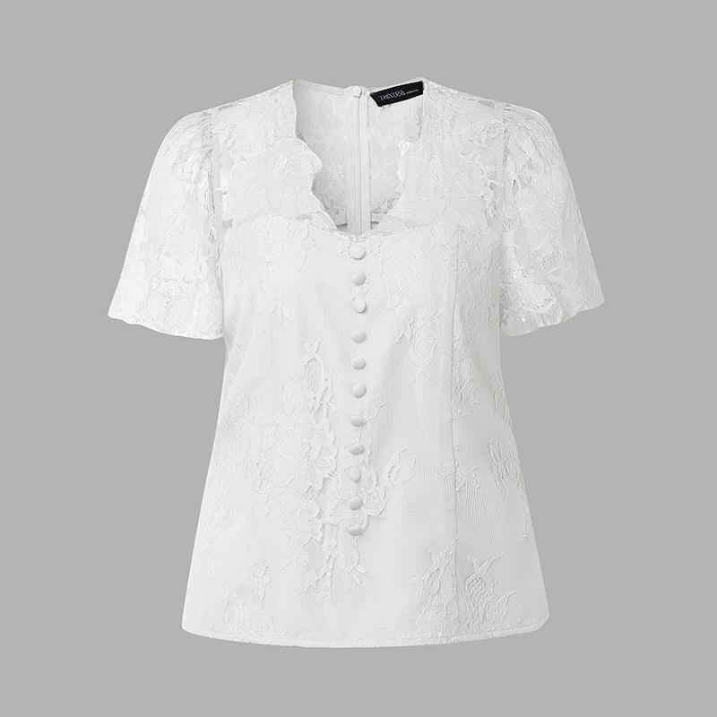 ZANZEA Women Lace Patchwork Summer Casual V-Neck Short Sleeve Blouse