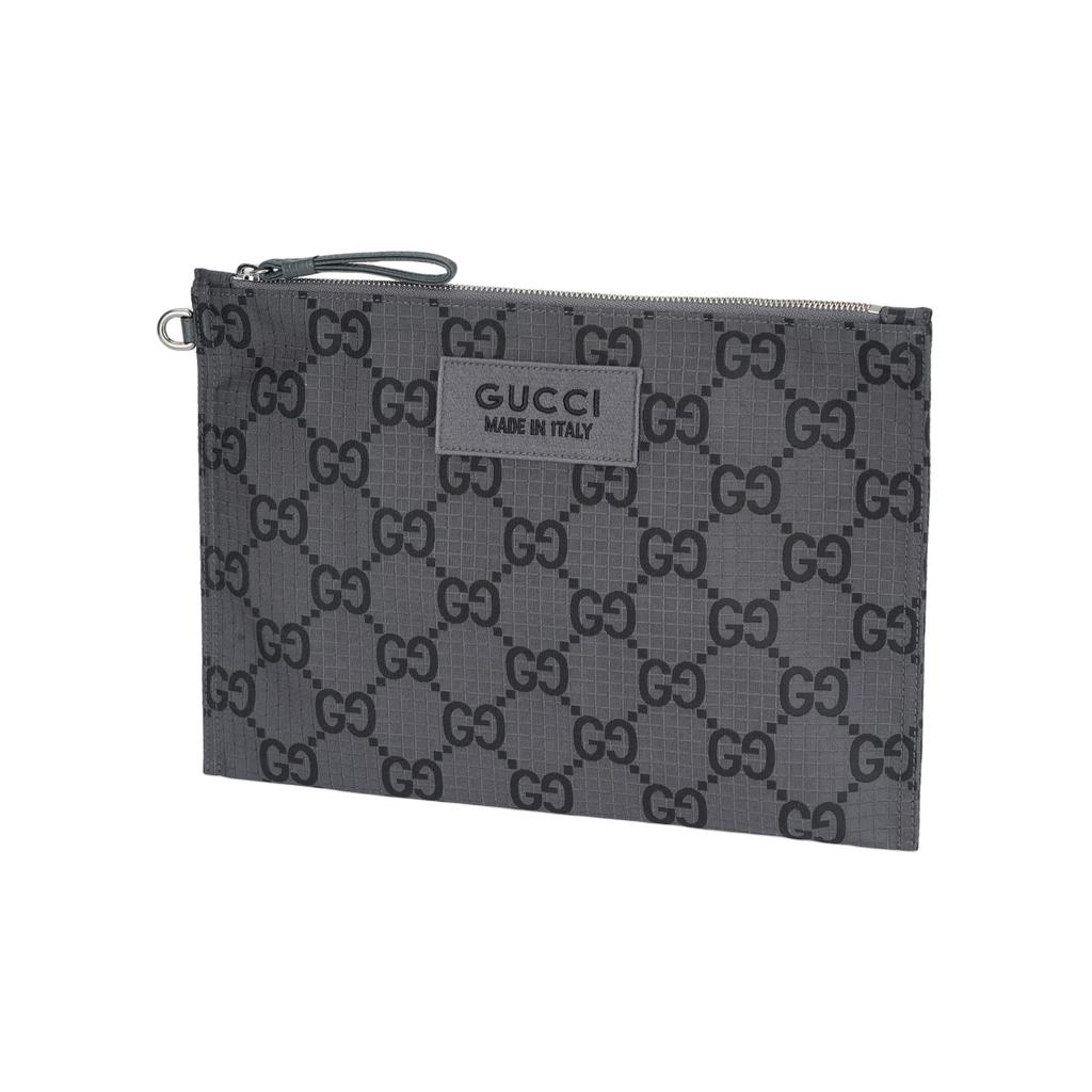 Gucci GG Monogram Gray Canvas Leather Trim Zip Pouch Wristlet Clutch Bag For Daily Use & Travel