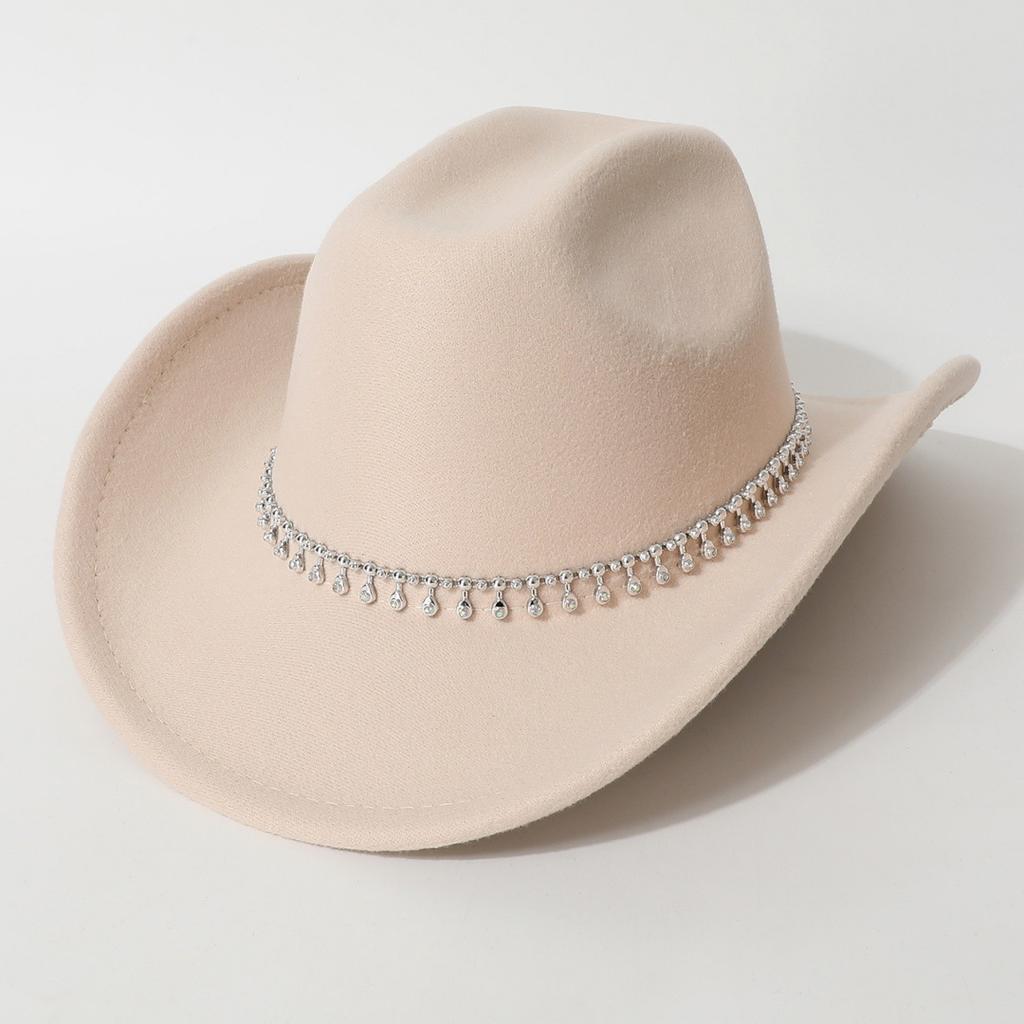 Women's Unisex Western Cowboy Hat with 3D Round Gems, Rhinestones, Rivets, and Chain Decorations, Wedding Party Hat