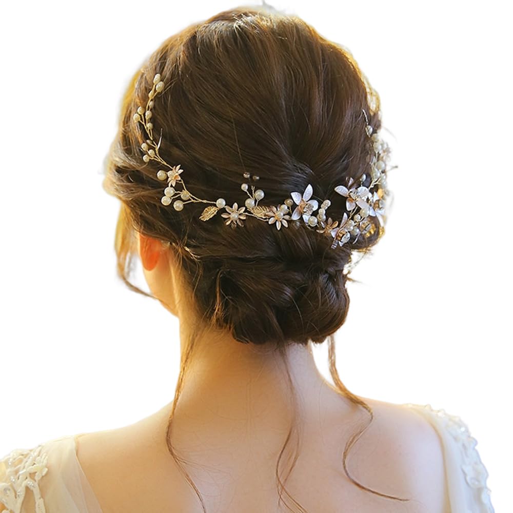 

[JASDESIGN] Hair Accessory for Weddings, Headpiece, Gold Pearl Back Headband, Leaf Flower Bridal Accessory, Hair Accessory for Receptions, Parties,