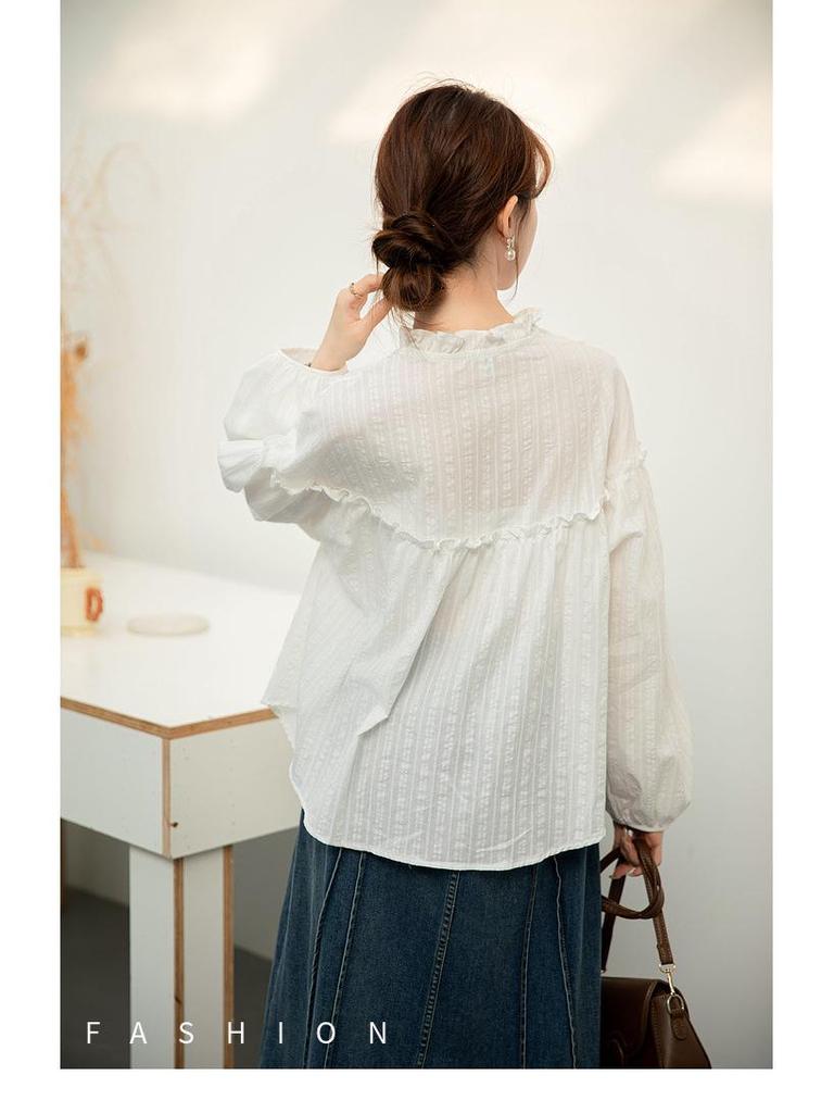 Women's White Long Sleeve French Sweet Ruffled Collar Shirt - 2026 Spring/Autumn Solid Color Fashion