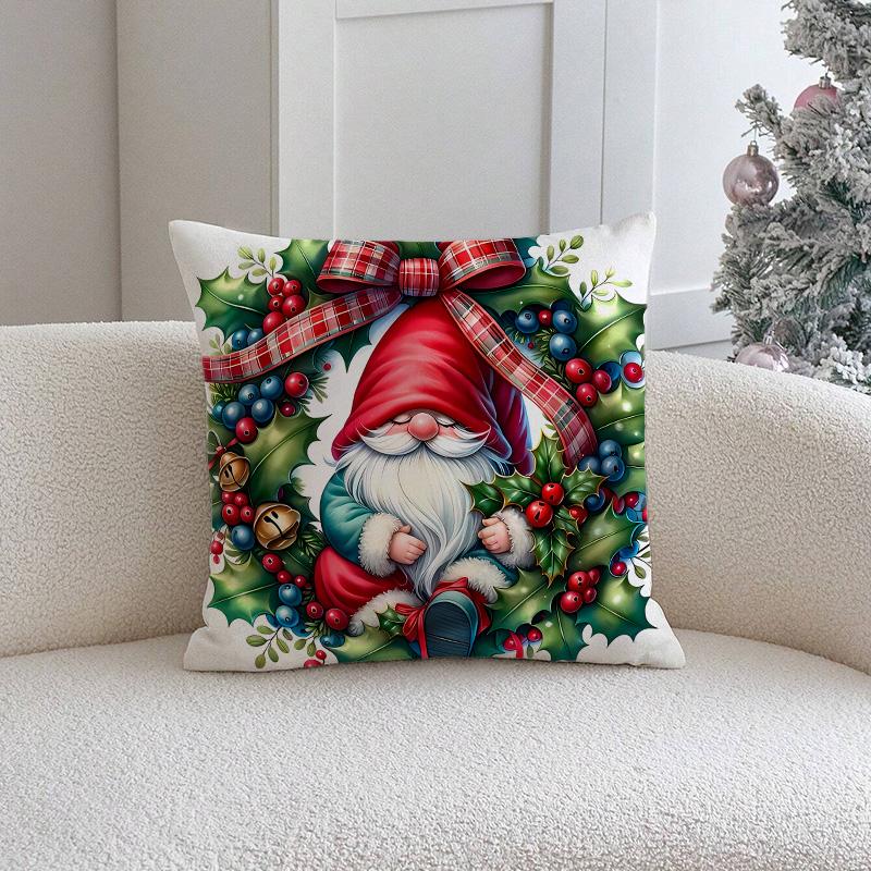 

1 шт. Рождественская декоративная наволочка - Эта мягкая праздничная декорация, оформленная узорами с рождественскими елками, венками, подарками и гномами. 18x18Inch