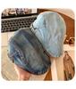 Women's Retro Washed Denim Duckbill Flat Cap with PU, Versatile Face Slimming Design, Spring-Autumn Backwards Beret.
