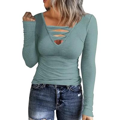 Autumn Long Sleeve Women T-shirts Slim Fit Tees Women Sexy Hollow Out V-neck Solid Color Long Sleeve Tshirt Clothes 29574