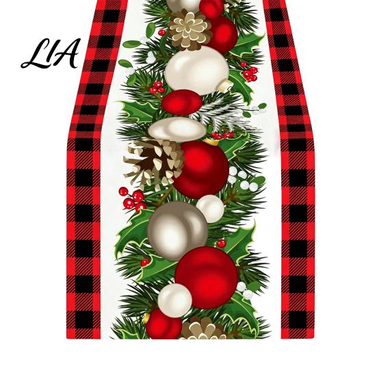 Dining Table Runner Christmas Runner, Xmas Tree Ball Reindeer Print Seasonal Accessories Tablecloth, Winter Holiday Party Decoration Coffee