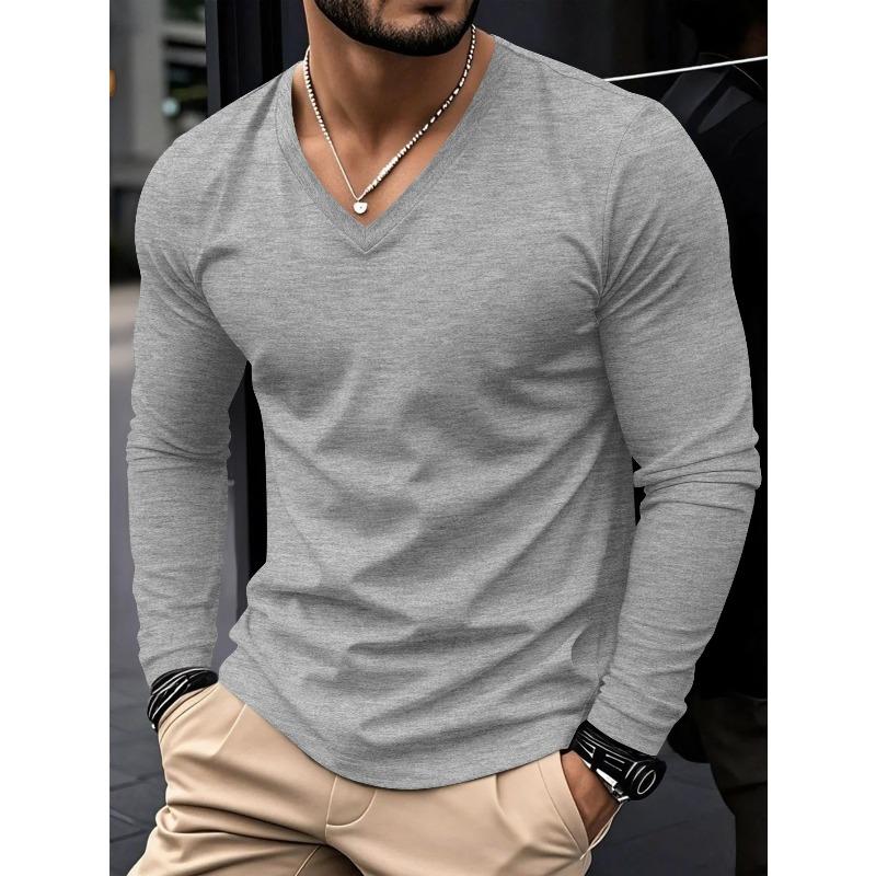 New Spring Autumn Style Everyday Wear Outdoor Sports Fashion Trendy Versatile Color Block V-neck Long Sleeve Men's Top