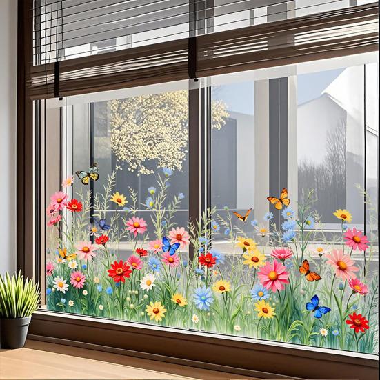 Spring Summer Flower Butterfly Window Cling Colorful Floral Window Sticker Removable Double-Sided Static Decals for Home Office Classroom Decor