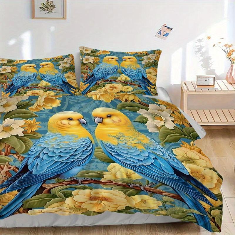 3pcs Parrot Floral Bedding Cover Set, Fashion Classic Popular Print Bedding Set, Soft Comfortable, All - Season Use, For Bedroom, Guest Room097