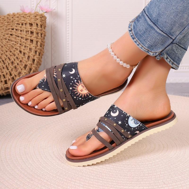 Mode 2024 Mode Zehensandalen Damen Schuhe Sommer Lässig Gemischte Farbe Astrologie-Print Hausschuhe