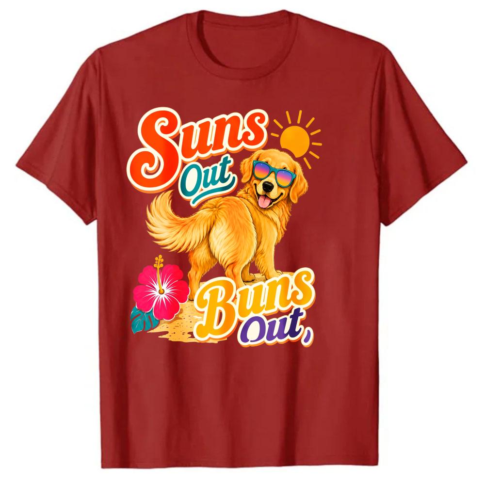 Summer Golden Retriever Dog Graphic T Shirt Suns Out Buns Out Funny Beach Tee Tropical Hibiscus Sun Print Crew Neck Oversized