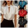 Blusa Feminina Elegante Profissional de Cetim com Painéis de Manga Curta para Escritório - Primavera Outono 2026