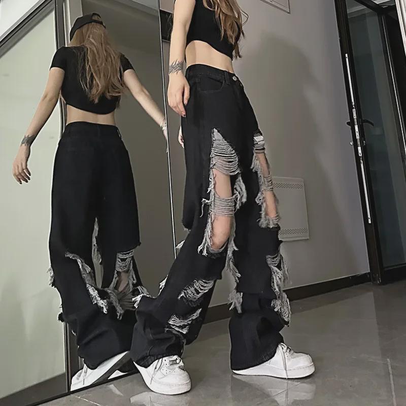 2024 Women's Hong Kong-Style Straight Wide-Leg Jeans - Summer Beggar Hole Loose Slim Trendy Trousers.