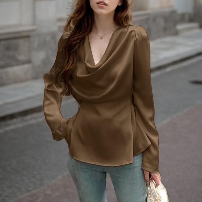 VONDA Women Fashion Swing Collar Satin Solid Color Long Sleeve Blouses