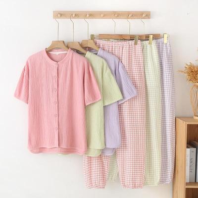 Women's Summer Plaid Cotton Gauze Pajama Set with Short Sleeves and Loose Fit Pants