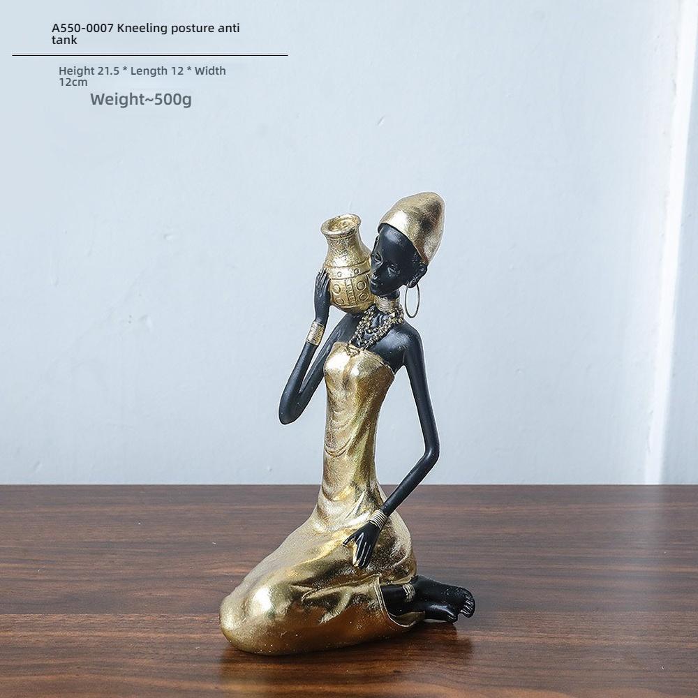 African Woman Resin Statue - Handmade Ancestral Mother Sculpture, Tribal Home Decor with Water Pot,Gift for Office Desk