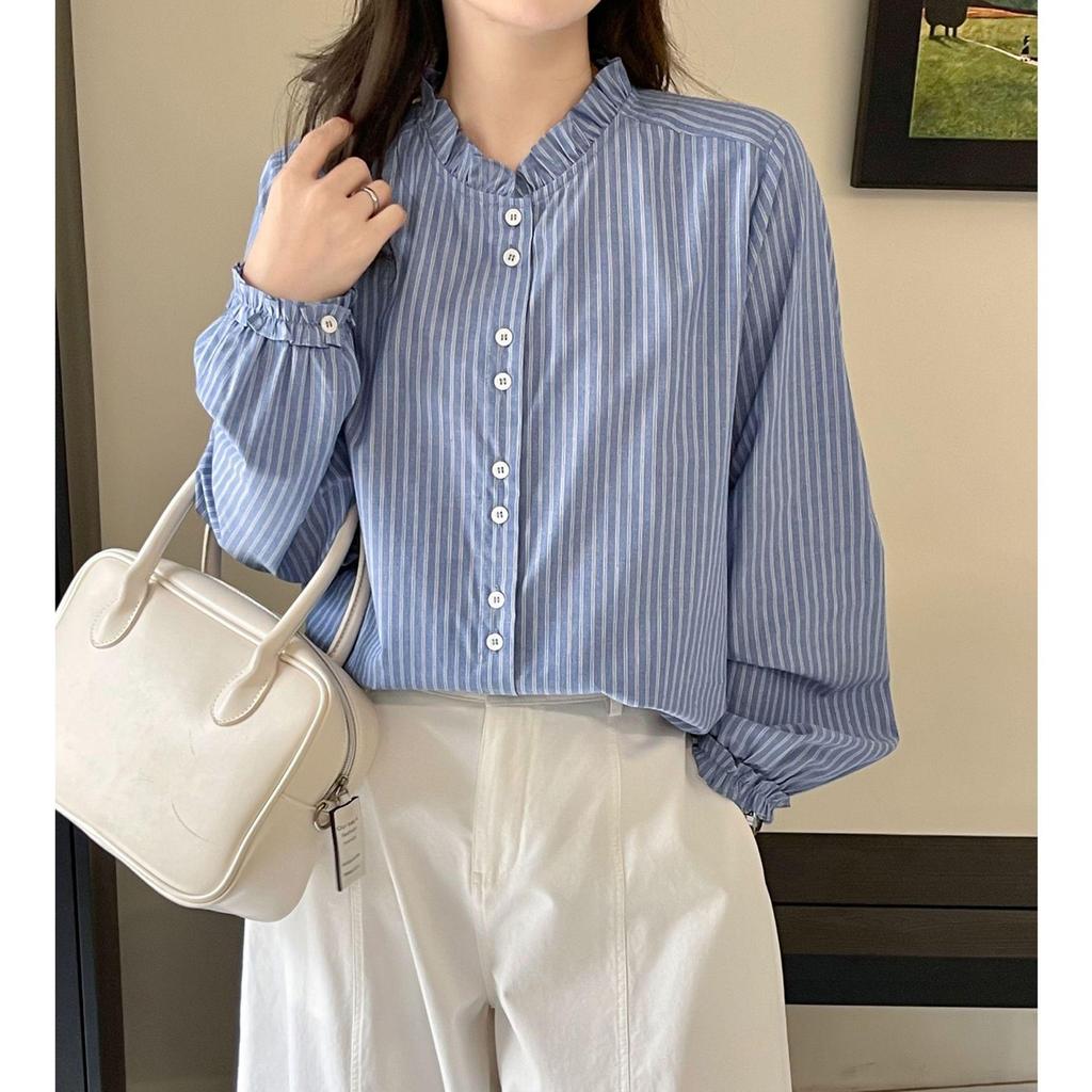Spring 2026 Retro Stand Collar Ruffle White Shirt - Versatile Commuting Top