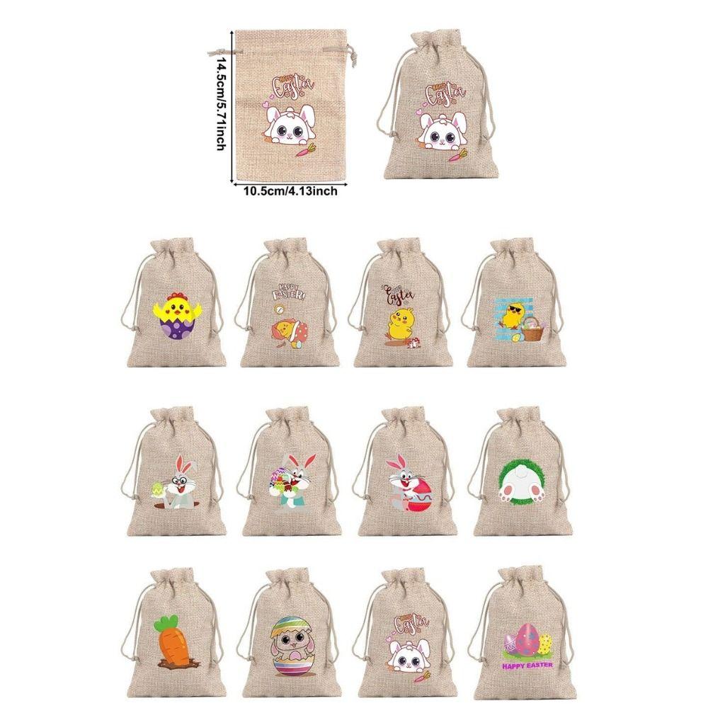 12 pieces/set Cartoon Easter Rabbit Gift Bag Vintage Reusable Rabbit Drawstring Bag Linen Easter Party Favor Holiday