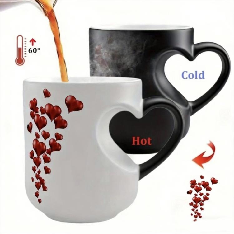 Heat Sensitive Color Changing Coffee Mug With Heart Shaped Handle Valentines Day Gift Kitchen Drinking Cup