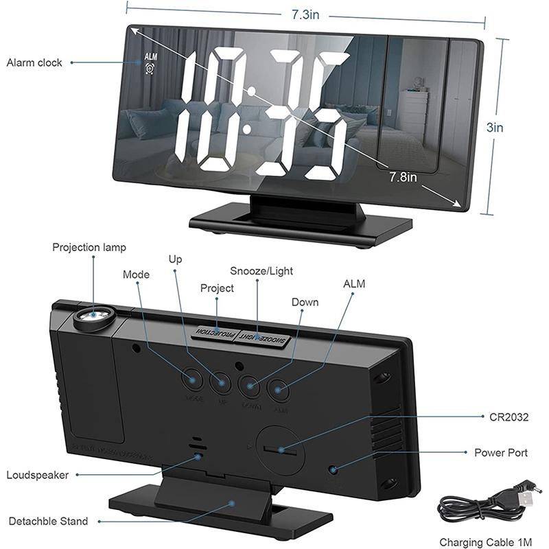 LED Projection Alarm Clock for Bedroom Ceiling Wall Mirror Digital Desktop Clock with 180° Rotatable Projector Snooze Temperature