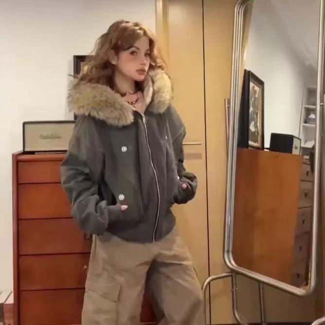 

American Street Fur Collar Zipper Hooded Jacket Women Autumn Winter Retro New Velvet Thickened Warm Fashion Loose Casual Jacket XXL сірий