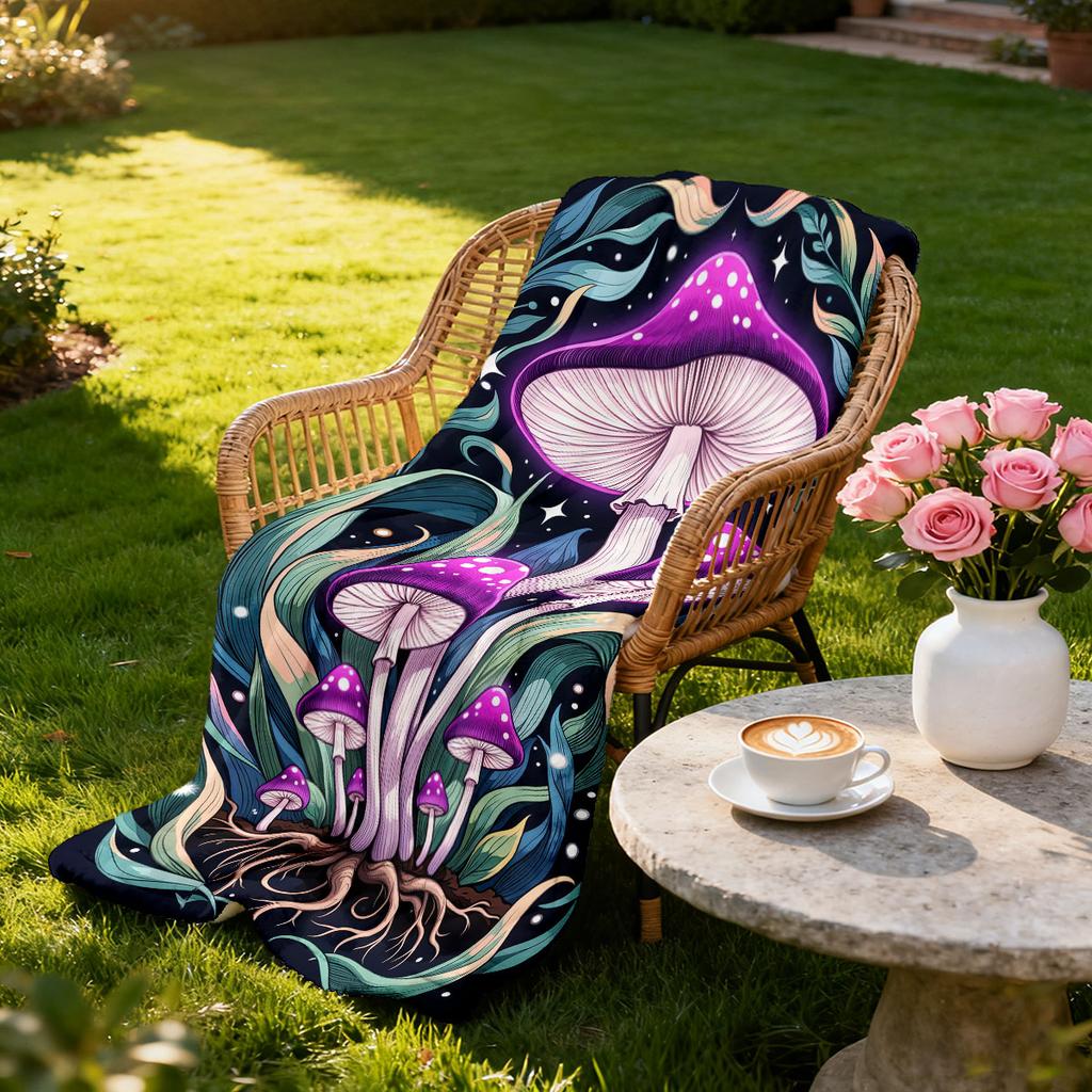 1Pc Colorful Mysterious Mushroom Printed Flannel Blanket Multiple Size Soft Casual Cover Blanket Gift Blanket, Machine Washable