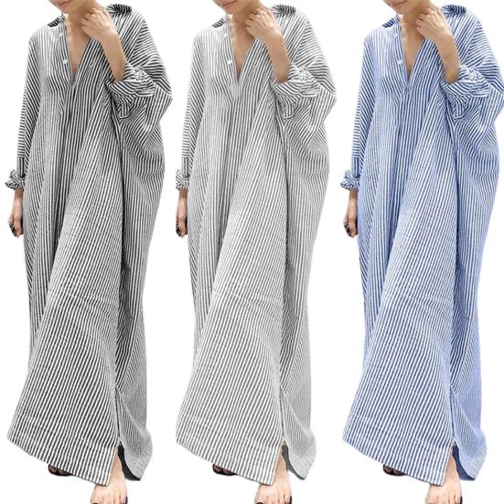 Hemdkleid Gestreift Einreihig Sommer Locker sitzend Langes Kleid für Bankett