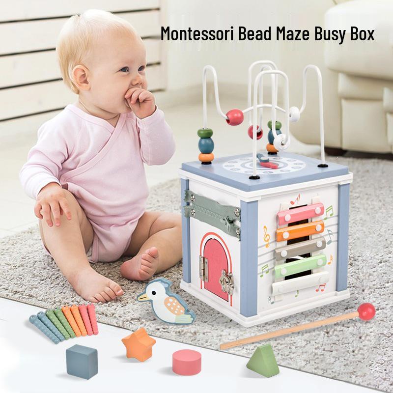Wooden Baby Toddler Educational Toy: Xylophone, Matching Blocks, Stringing Beads, Busy Board 16x16x17.5 cm
