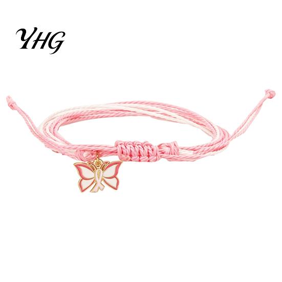 Breast Cancer Awareness Gifts Bracelet for Women, Adjustable Woven String with Handwoven Rope Wristband Ribbon Charm, Handmade Braided Survivor