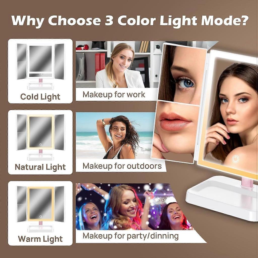 Large Makeup Mirror with Natural LED Lights, Lighted Trifold Vanity Mirror with 2x &3x Magnifications - Dimmable Lights, Touch Screen, Cosmetic Stand