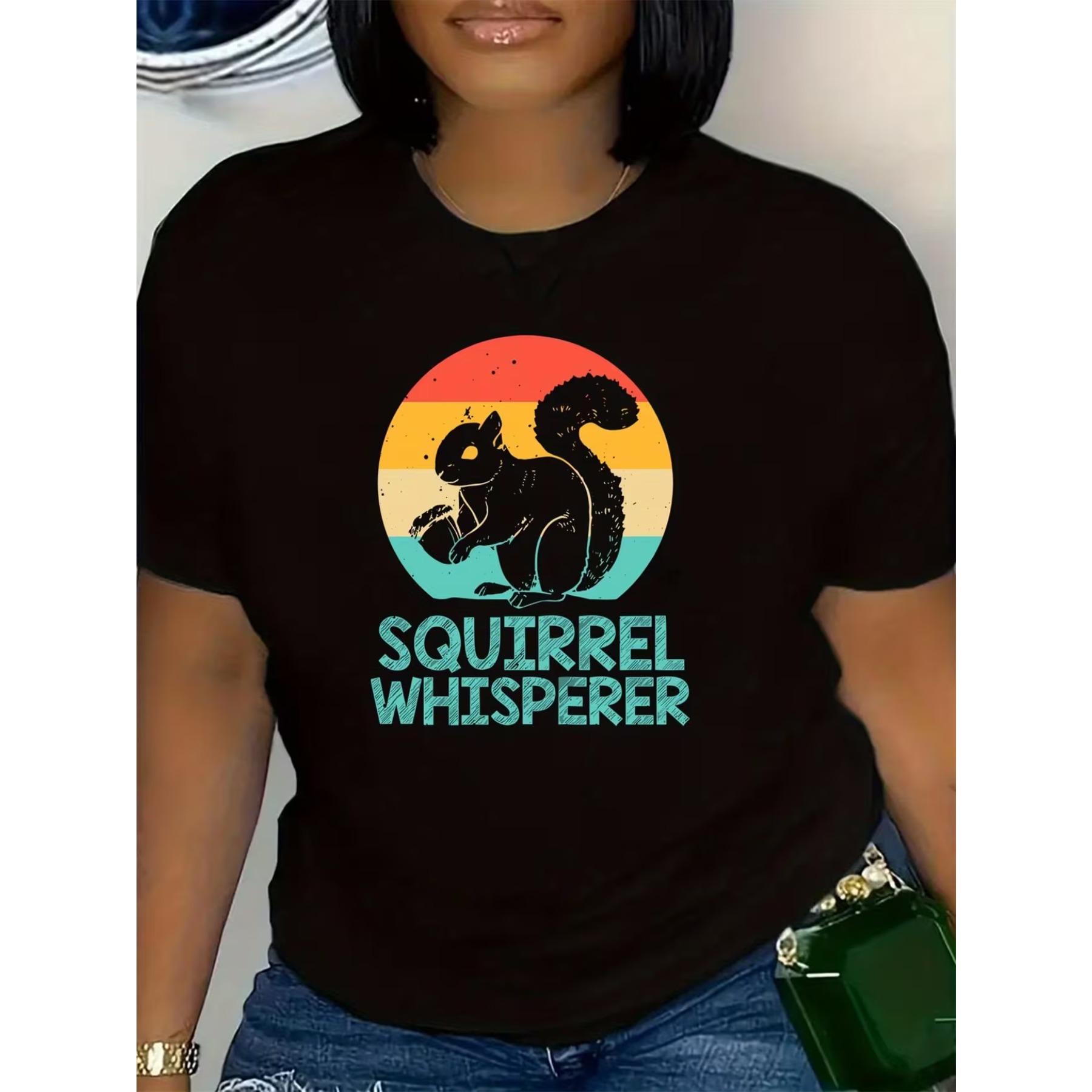 

Funny T-Shirt for Women Featuring A Cute Squirrel and Squirrel Whisperer Graphic, Black with Turquoise Text, Casual Short Sleeve Crew Neck Top XXL