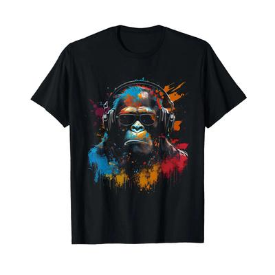 Lauter Monkey Dj With Headphones Sunglasses Gorilla Music Fan T Shirt Black Vintage Versatile Breathable Streetwear