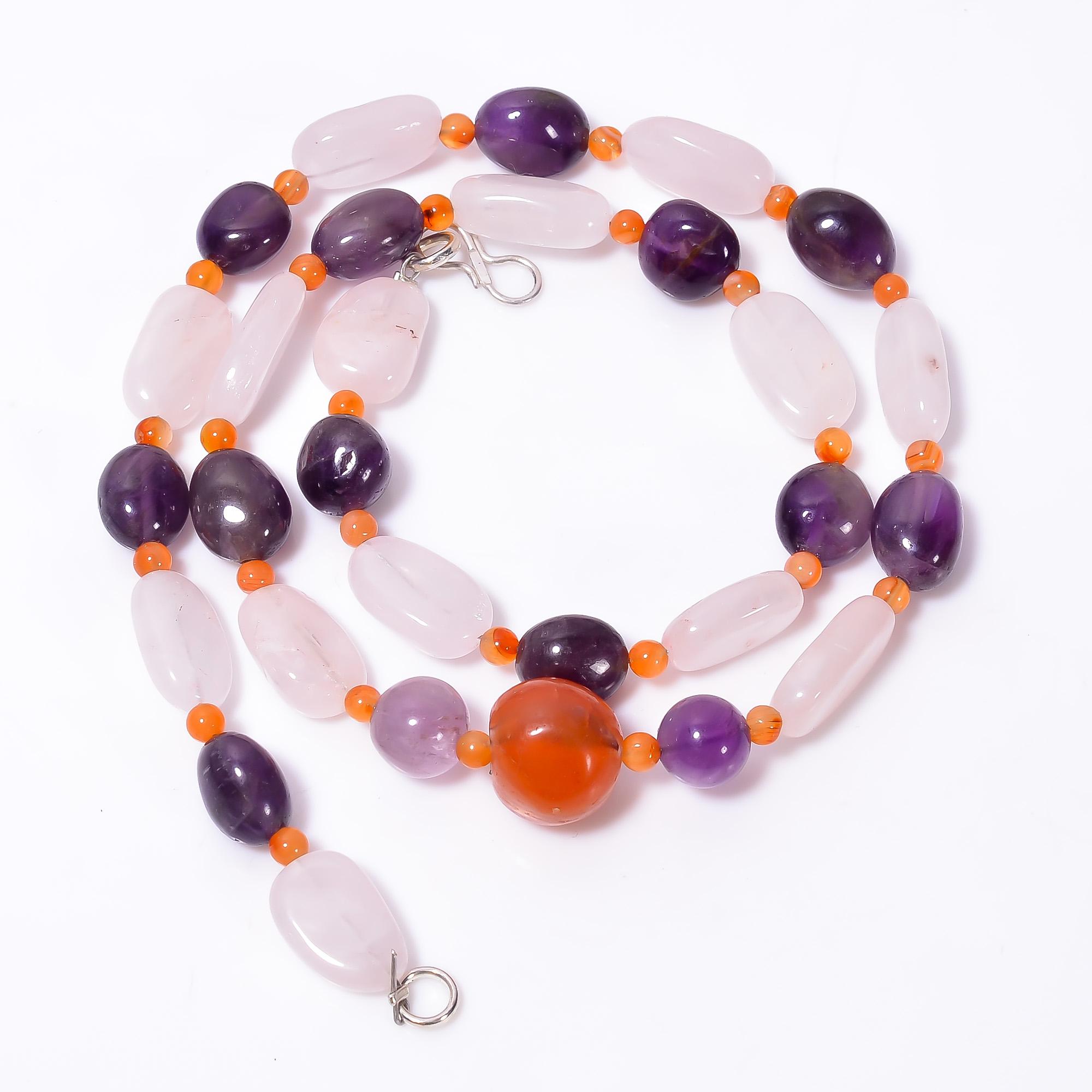 

Natural Rose Quartz Amethyst Carnelian Smooth Beads Necklace 3-18 mm 18 UB-8631