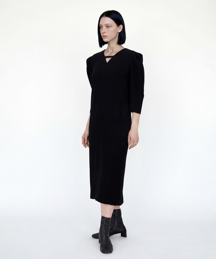 Myuleus Puff Shoulder Long Dress Imported Fabric [Black]