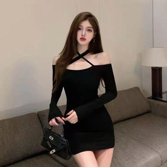 Suspender Neck One-word Shoulder Long-sleeved Dress Spring and Autumn Wear High-end Sexy Pure Desire Black Tight Hip Skirt