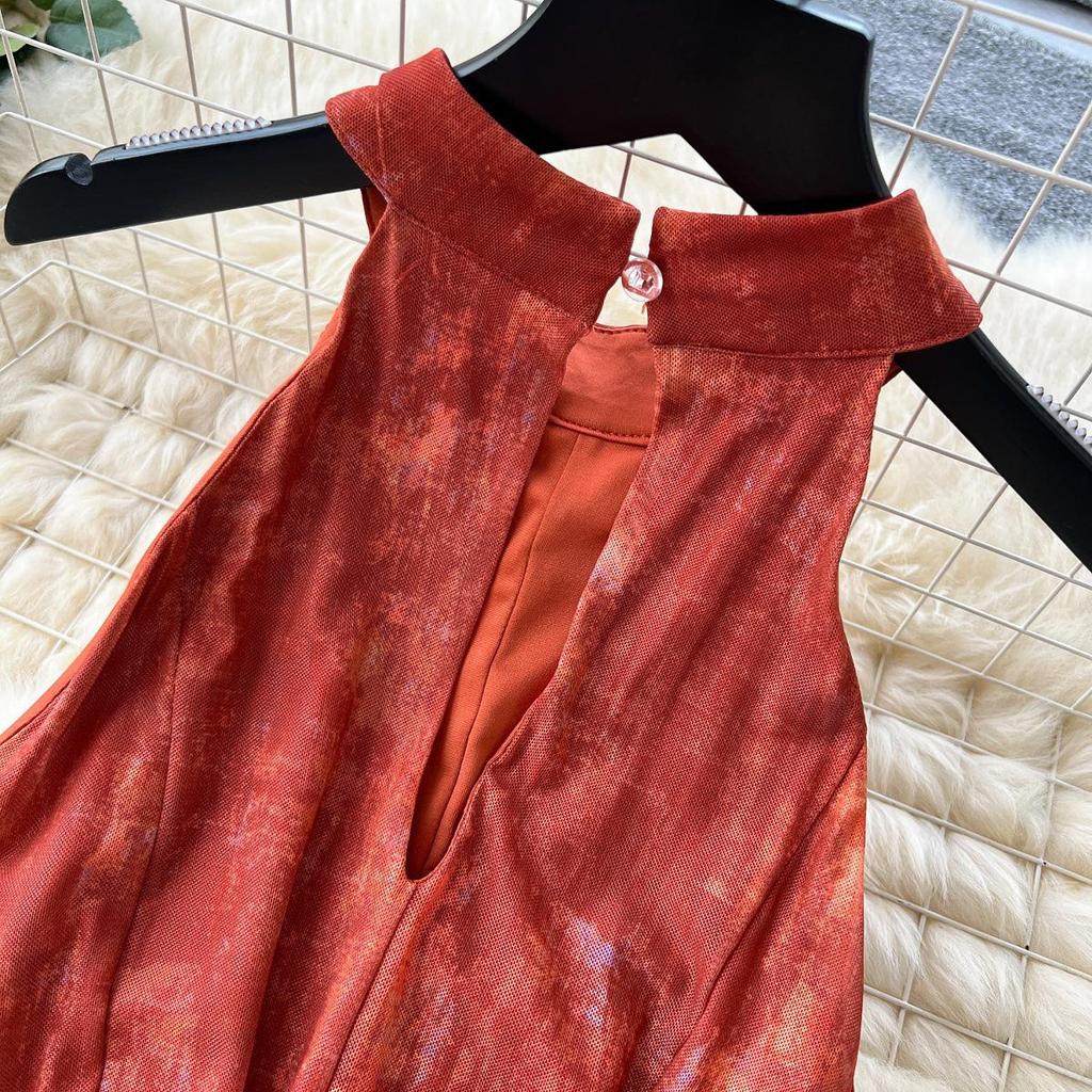 Vintage French Smudged Halter Sleeveless Dress: Women's Summer Waist-Cinched Design with Large Hem