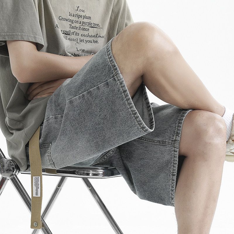 Men s Loose Straight Denim Shorts, Summer New High Street Fashion Brand, Casual Cool Mid-Length Shorts Blue M