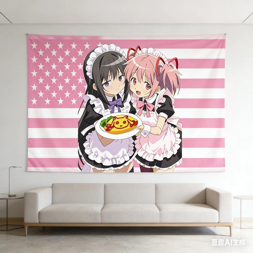 Madoka Magica Anime Wall Tapestry Homura Madoka Maid Outfit Scene Art Soft Fabric Decor for Dorm Rooms Magical Girl Fans