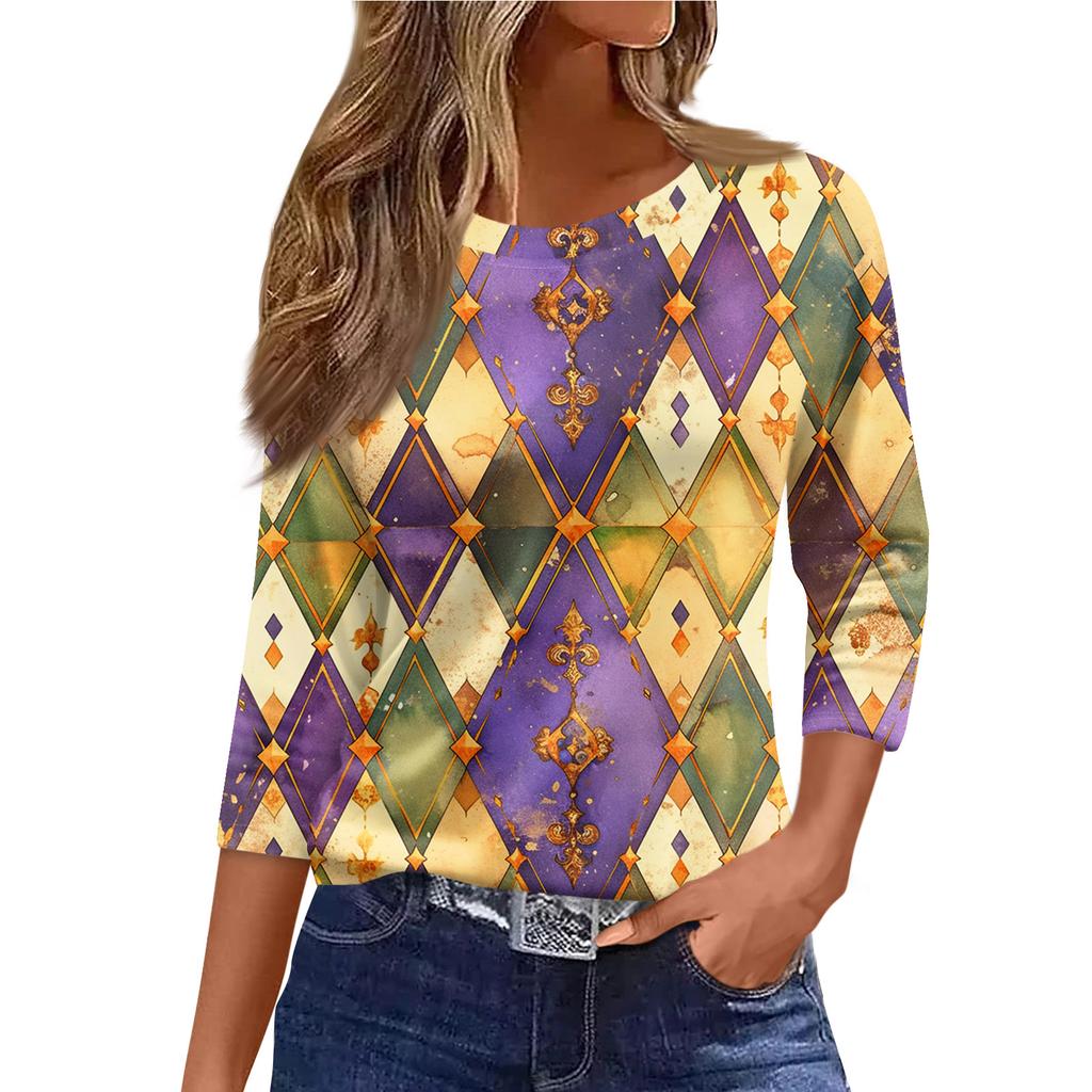 3/4 Length Sleeve Womens Tops Floral Print Vintage Fashion Casual Loose With Round Neck Plus Size Shirts