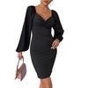 Fashion Women's Black Long Sleeve V-Neck Hip Dress Dress Inside