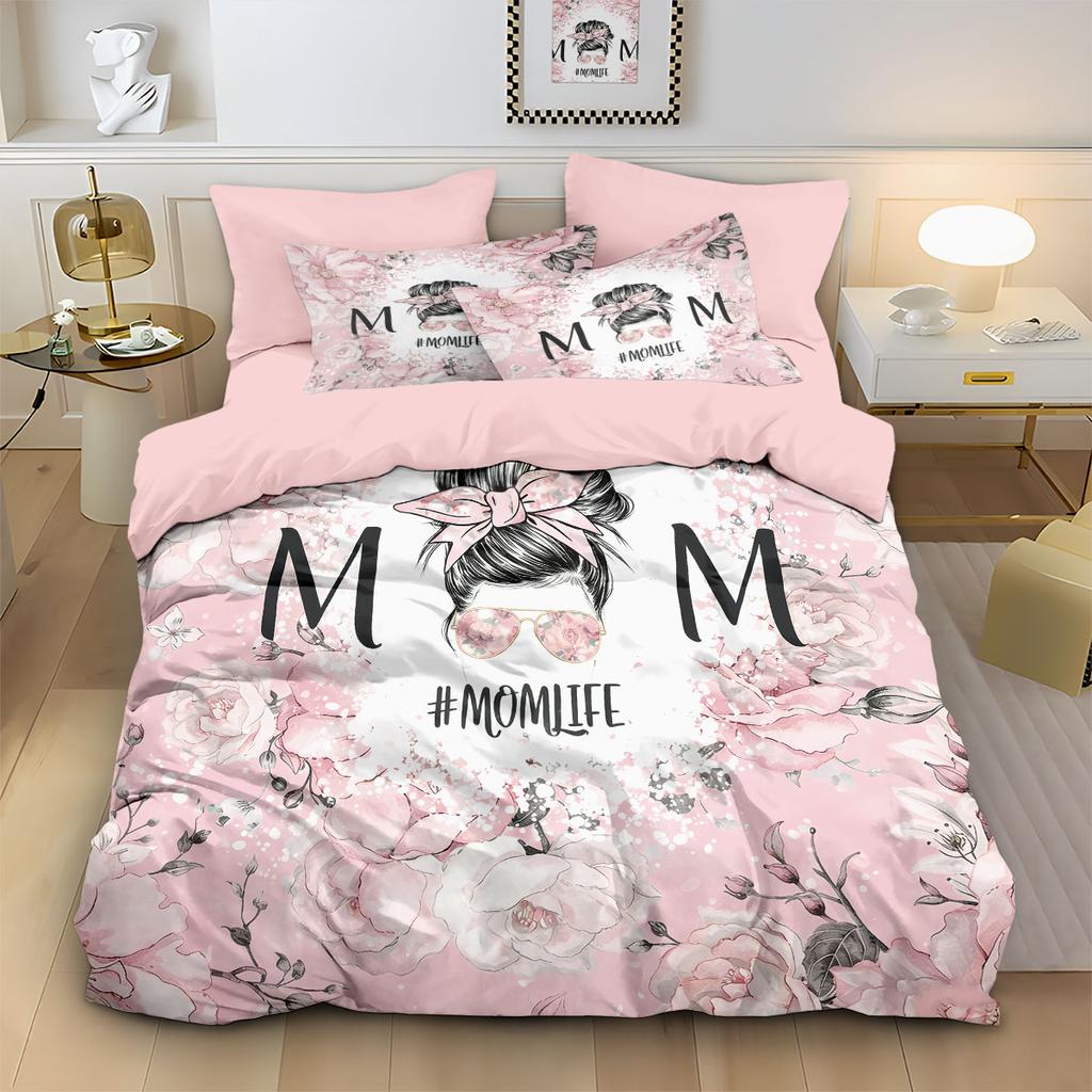 3Pcs Mother'S Day Floral Printed Down Duvet Cover Set, Multi Size Bedroom Bedding Decoration, Machine Washable