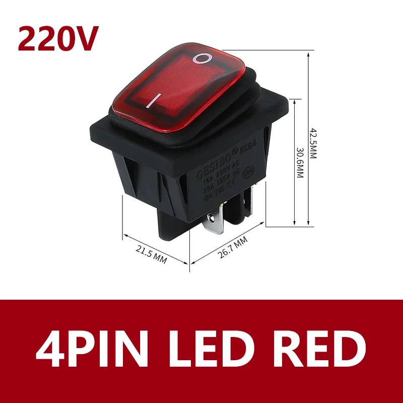 5PCS KCD4 12V 220V Waterproof And Oil Proof Latching Switch Four Feet ON OFF Red Green With Lights 4PIN Rocker Power Switch LED