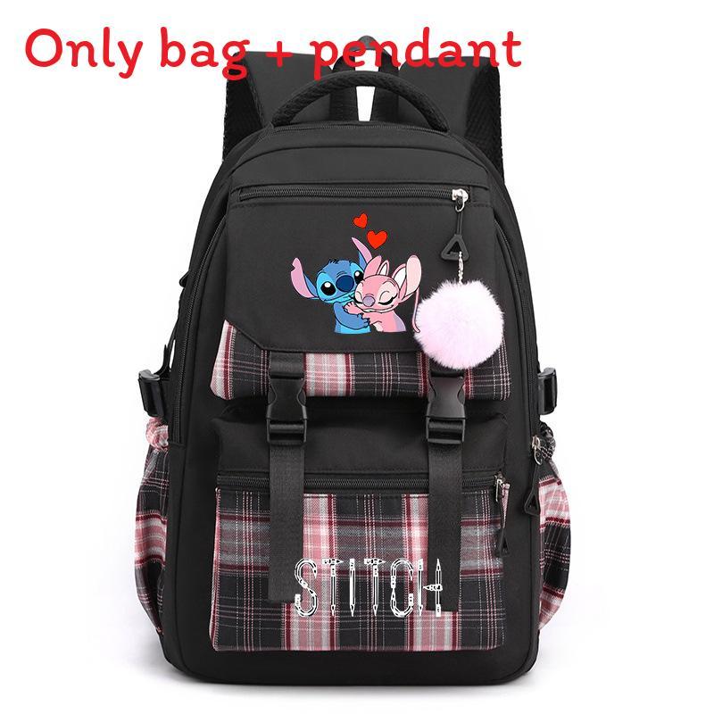 Cute Girl Backpack For School With Stitch Print And Checkered Patchwork Design For Middle School Students