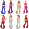 Girls Shiny Sequin Crop Top Mock Neck Sleeveless Tiered Cross Waistband Ruffles Flared Pants Set