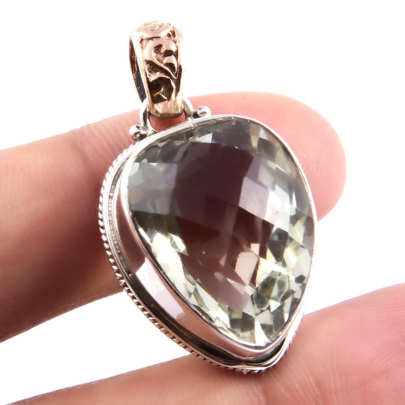 Natural Green Amethyst Gemstone 925 Sterling Silver Two Tone Pendant 1.4'' t8I14