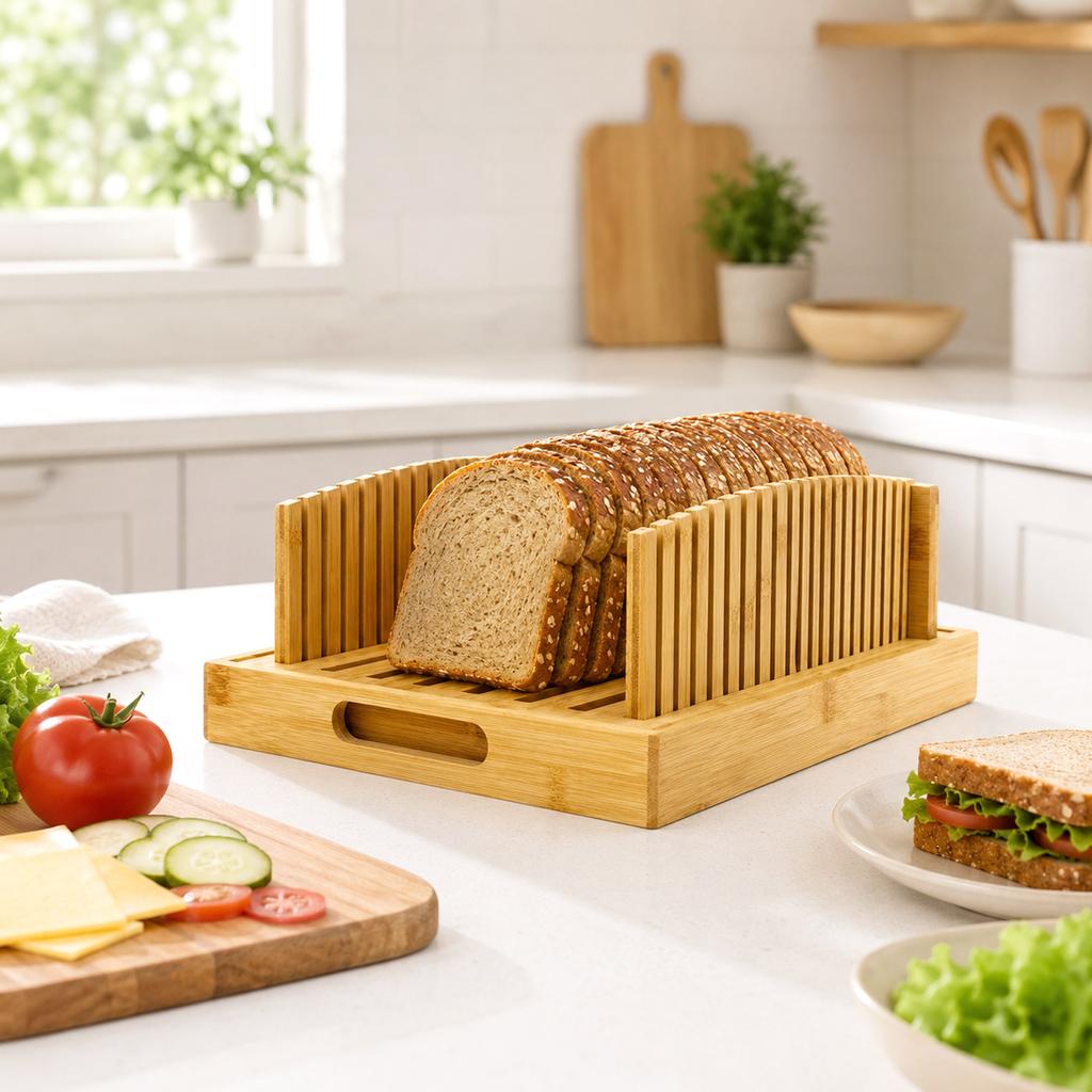 Wooden Bread with Adjustable Thickness - Manual Guide for Homemade Bread Cutting, Sturdy Baking Tool