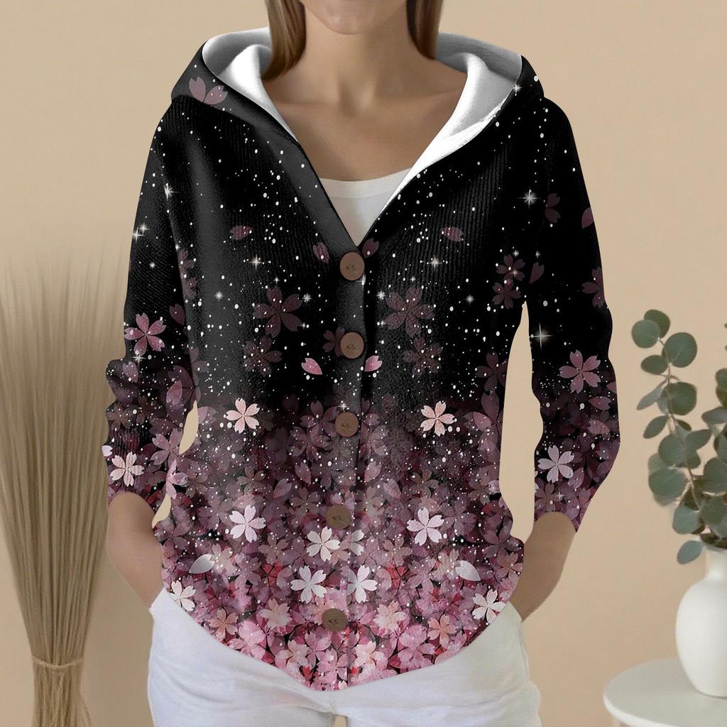 Women's Fashion Casual Sweater Button-Up Print Cardigan  Hooded Jacket