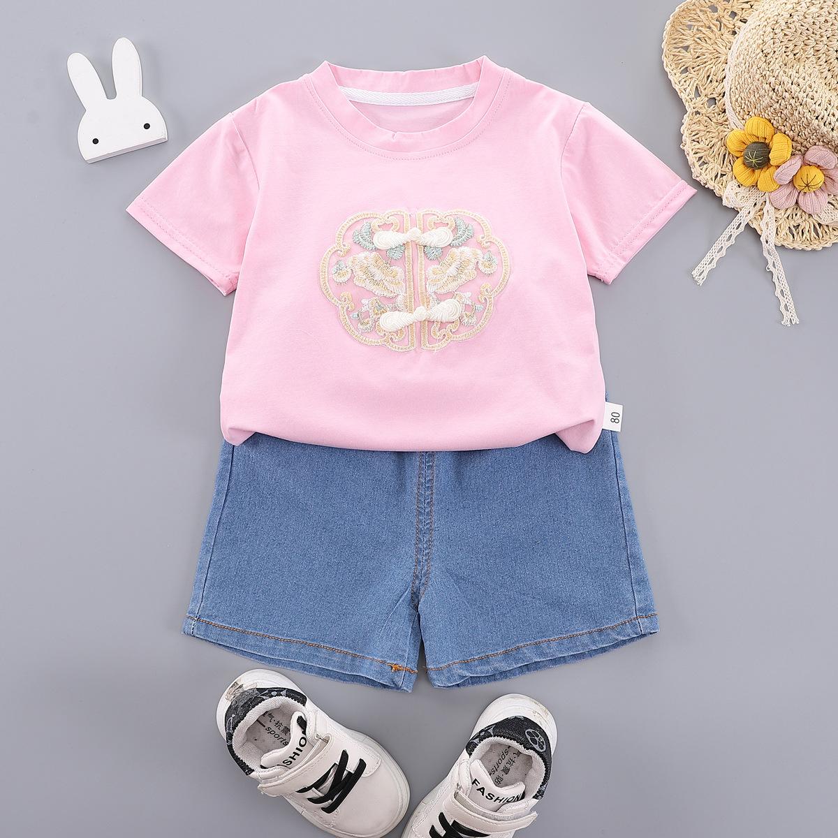 Girls New Chinese Denim Shorts Set Summer Round Neck Short Sleeve Two Piece Outfit 80