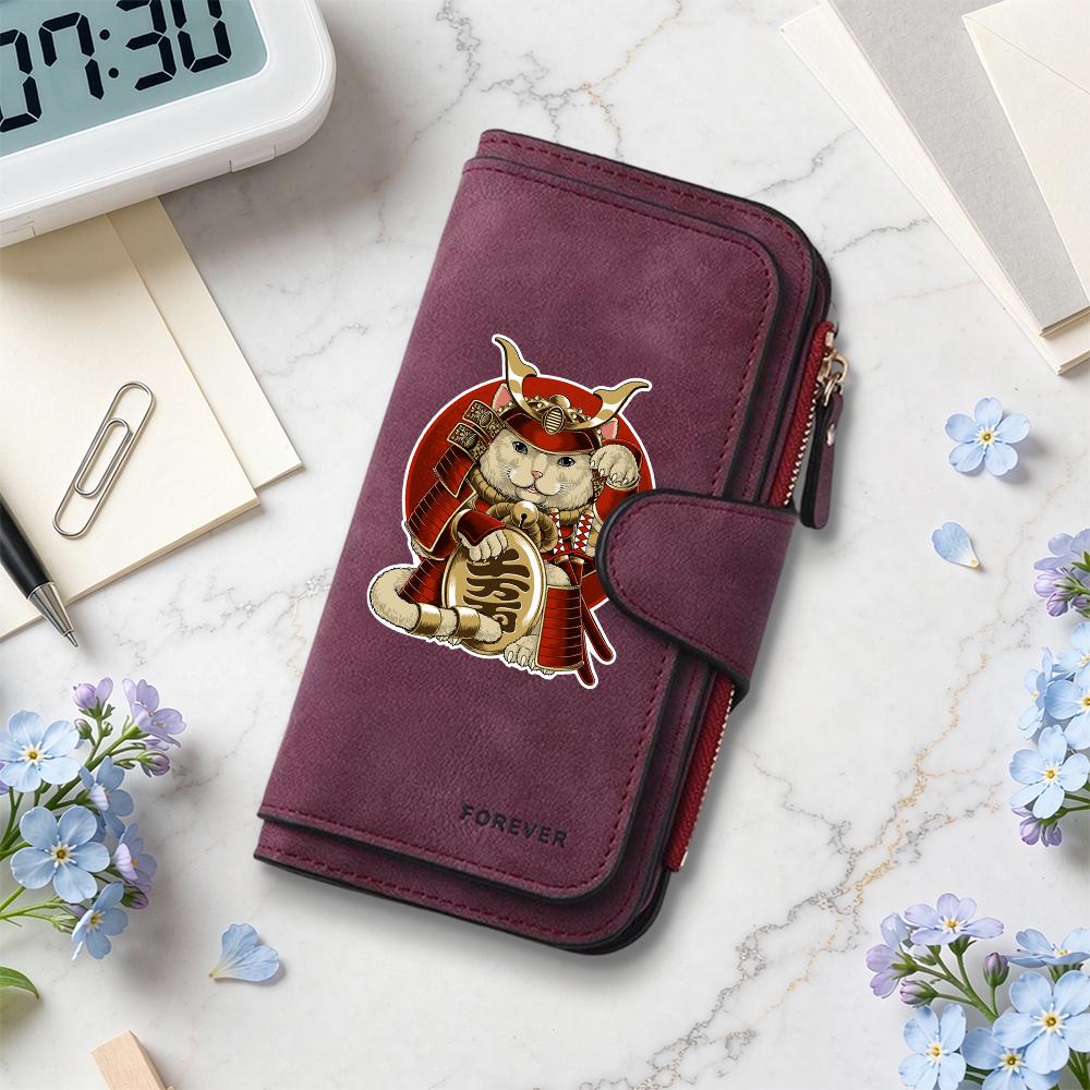 Cute Samurai Cat Pattern Long Wallet Portable Multi Card Slot Daily Purse Fashion PU Leather Zipper Casual Small Clutch for Women